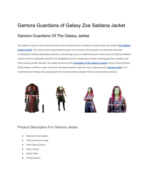 Gamora Guardians of Galaxy Zoe Saldana Jacket