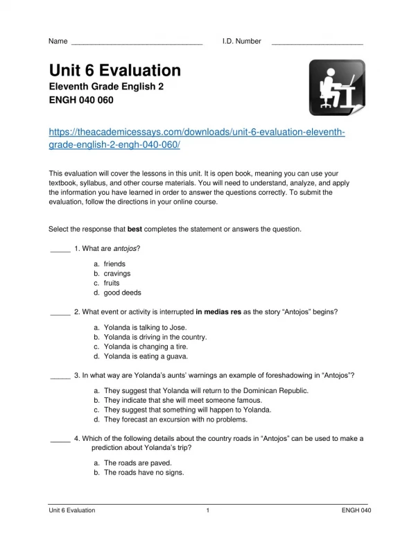 Unit 6 Evaluation Eleventh Grade English 2 ENGH 040 060