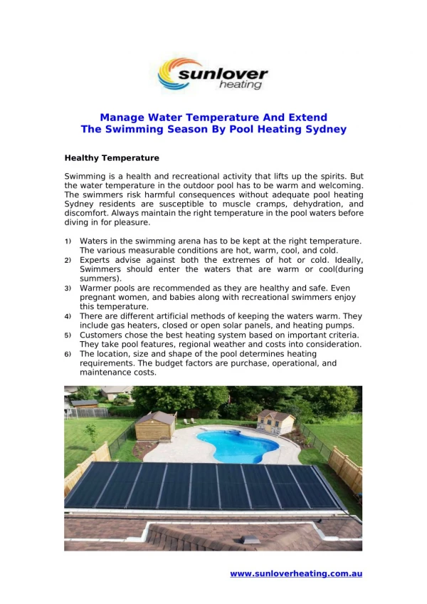 Oversee Water Temperature And Enlarge The Swimming Season By Pool Heating Sydney