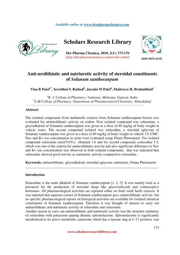 Anti-urolithiatic and natriuretic activity of steroidal constituents of Solanum xanthocarpum