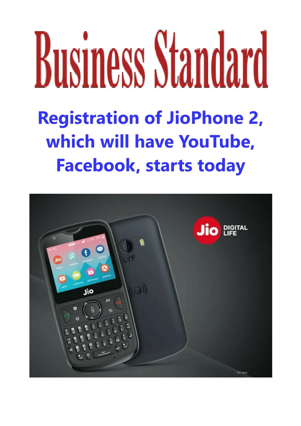 registration of jiophone 2 which will have
