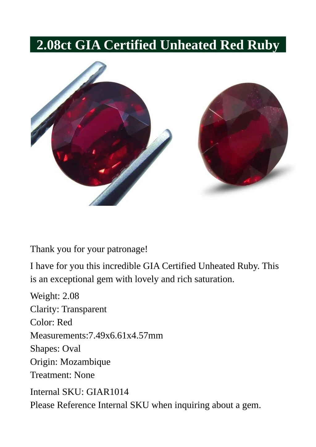 2 08ct gia certified unheated red ruby