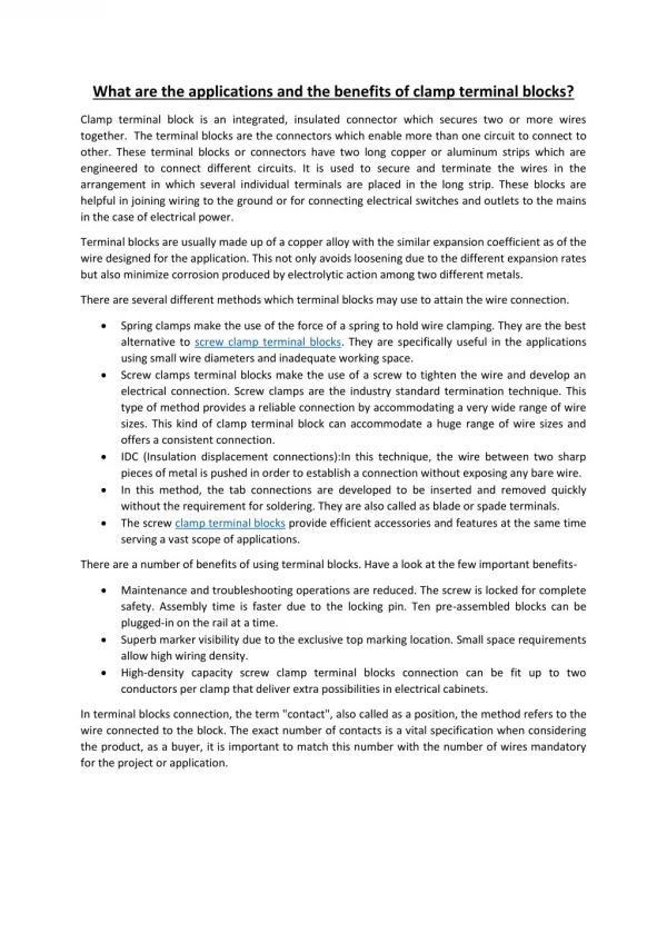 What are the applications and the benefits of clamp terminal blocks?