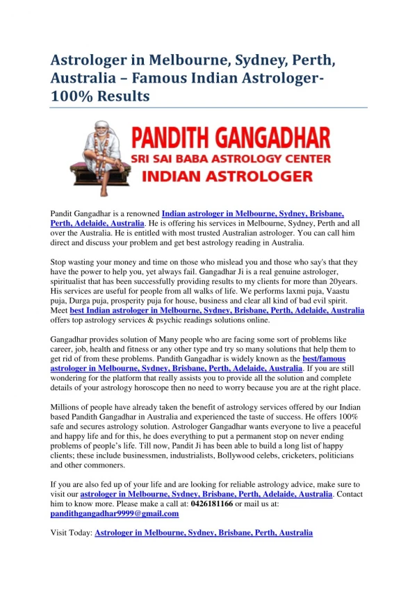 Astrologer in Melbourne, Sydney, Perth, Australia â€“ Famous Indian Astrologer- 100% Results