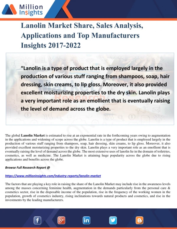 Lanolin Market Share, Sales Analysis, Applications and Top Manufacturers Insights 2017-2022