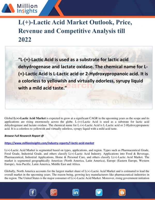L( )-Lactic Acid Market Outlook, Price, Revenue and Competitive Analysis till 2022