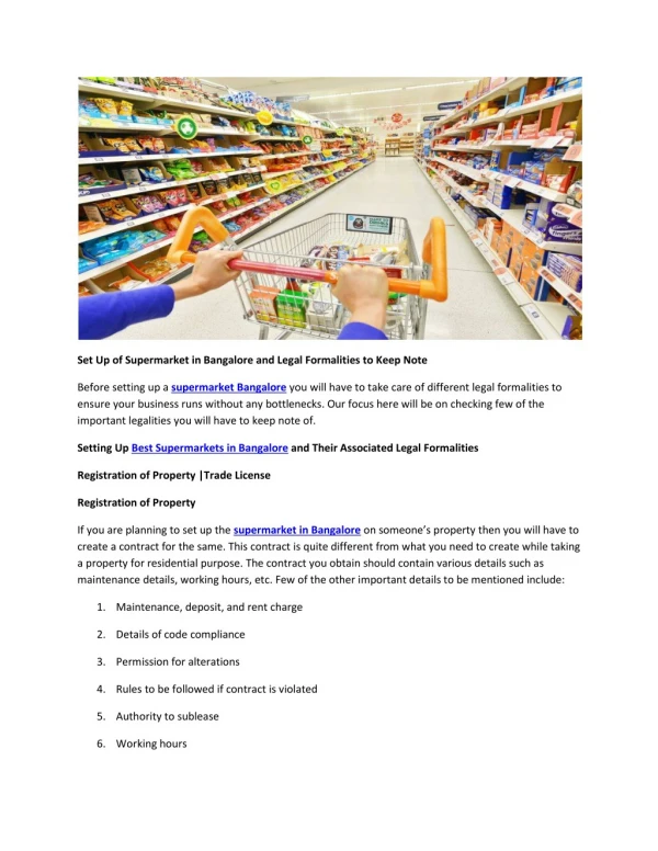 Set Up of Supermarket in Bangalore and Legal Formalities to Keep Note