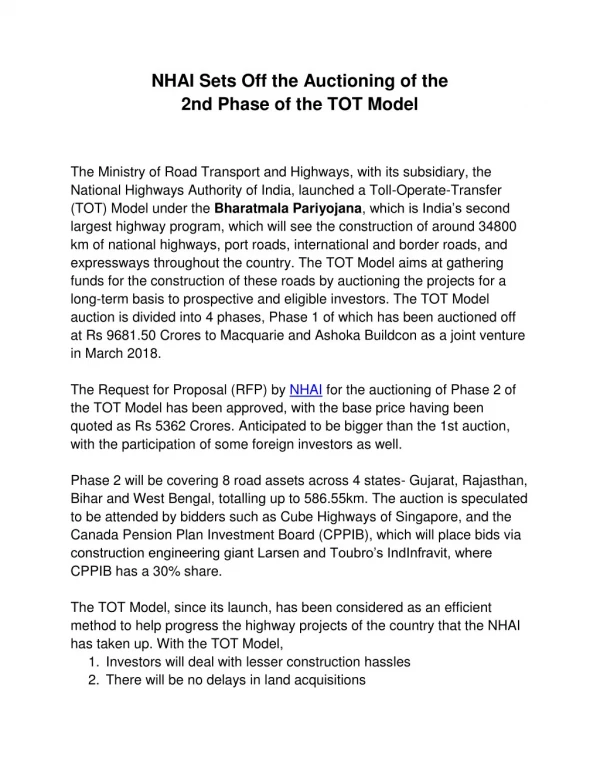 NHAI Sets Off the Auctioning of the 2nd Phase of the TOT Model