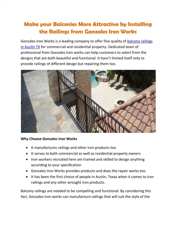 Make your Balconies More Attractive by Installing the Railings from Gonzales Iron Works
