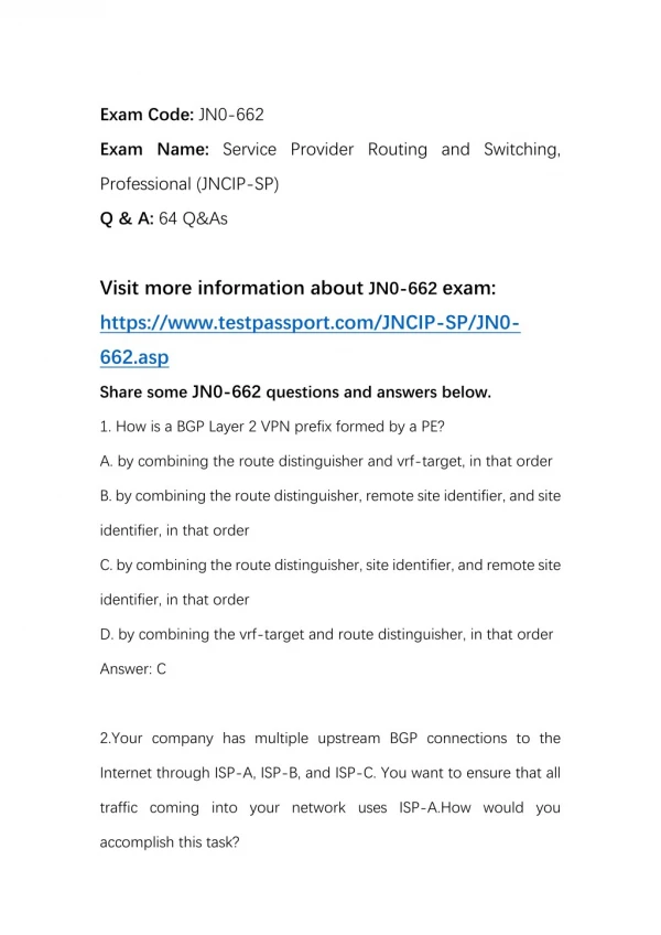 Testpassport Juniper JNCIP-SP JN0-662 Real Questions
