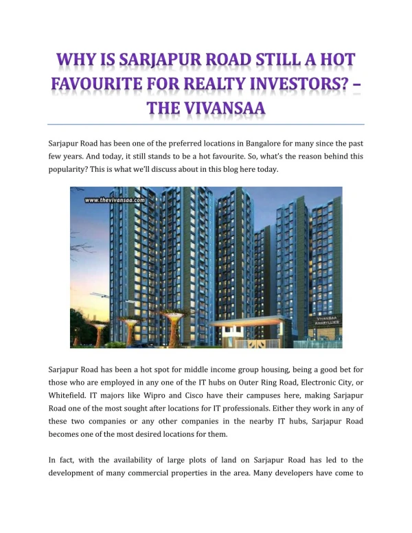 Why Is Sarjapur Road Still A Hot Favourite For Realty Investors? - The Vivansaa