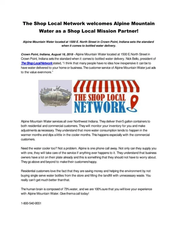 The Shop Local Network welcomes Alpine Mountain Water as a Shop Local Mission Partner!