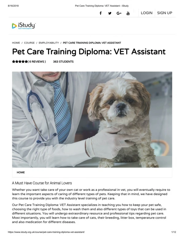 Pet Care Training Diploma - VET Assistant - istudy
