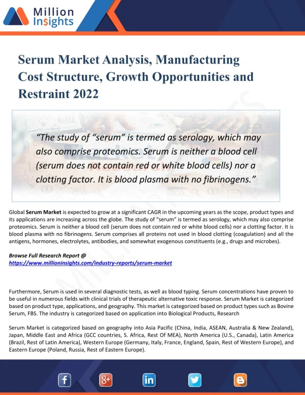 Serum Market Segmented by Material, Type, Application, and Geography - Growth, Trends and Forecast 2022