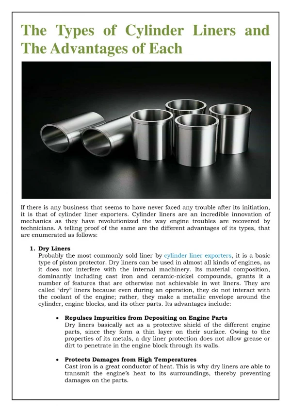 Types of Cylinder Liners and The Advantages