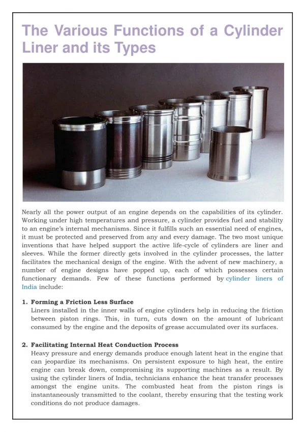 Various Functions of a Cylinder Liner and its Types