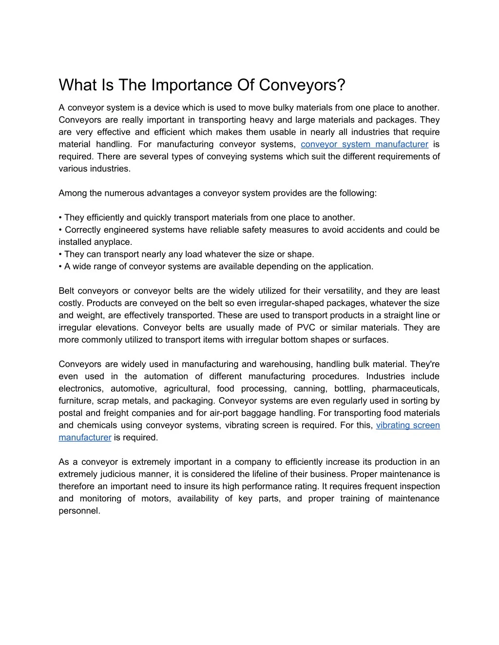 what is the importance of conveyors