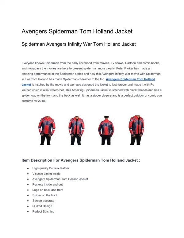 Avengers Spiderman Tom Holland Jacket