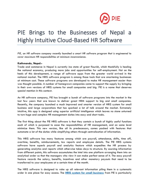 PIE Brings to the Businesses of Nepal a Highly Intuitive Cloud-Based HR Software