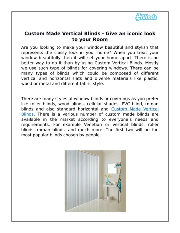 Custom Made Vertical Blinds - Give an iconic look to your Room
