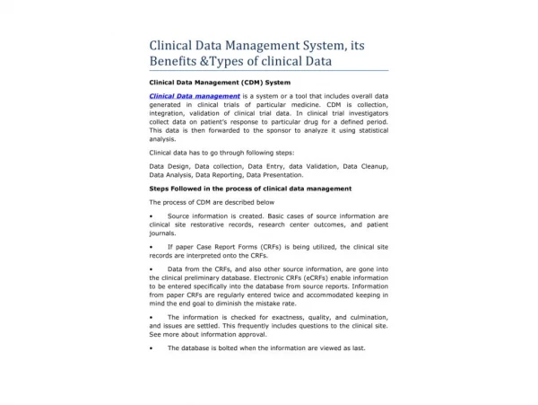 Clinical Data Management System, its Benefits &Types of clinical Data