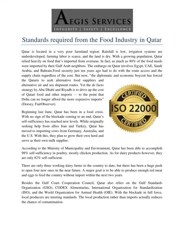 Standards required from the Food Industry in Qatar