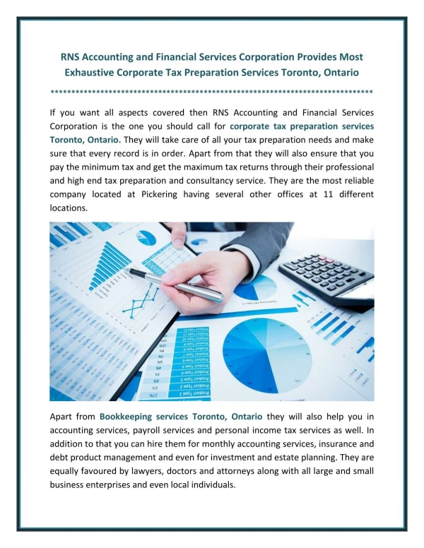RNS Accounting And Financial Services Corporation Provides Most Exhaustive Corporate Tax Preparation Services Toronto, O
