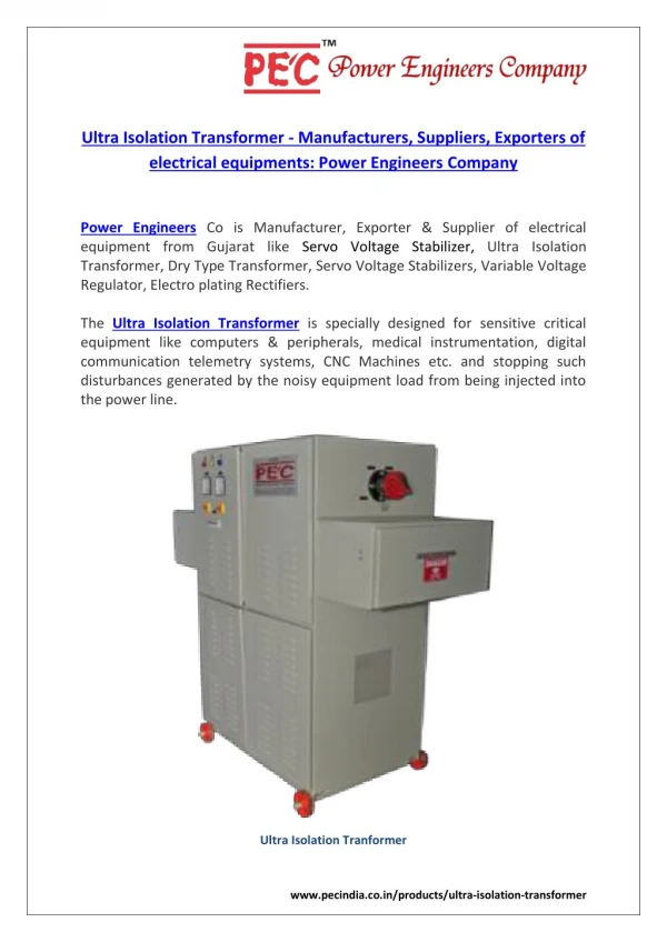 Ultra Isolation Transformer: Manufacturer, Supplier, Exporter of electrical equipment - Power Engineers Company