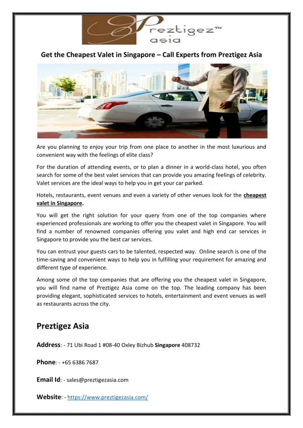 Get the Cheapest Valet in Singapore – Call Experts from Preztigez Asia