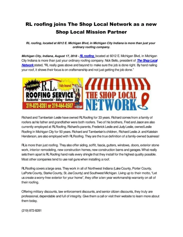 RL roofing joins The Shop Local Network as a new Shop Local Mission Partner