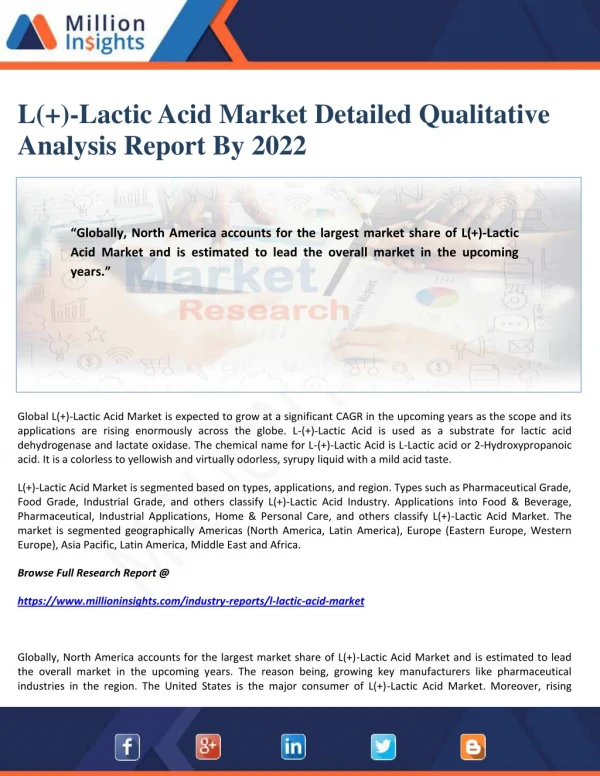 L( )-Lactic Acid Market Detailed Qualitative Analysis Report By 2022