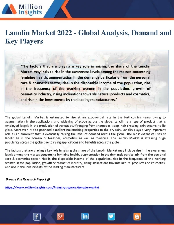 Lanolin Market 2022 - Global Analysis, Demand and Key Players