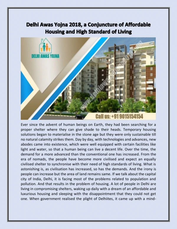Delhi Awas Yojna 2018, a Conjuncture of Affordable Housing and High Standard of Living