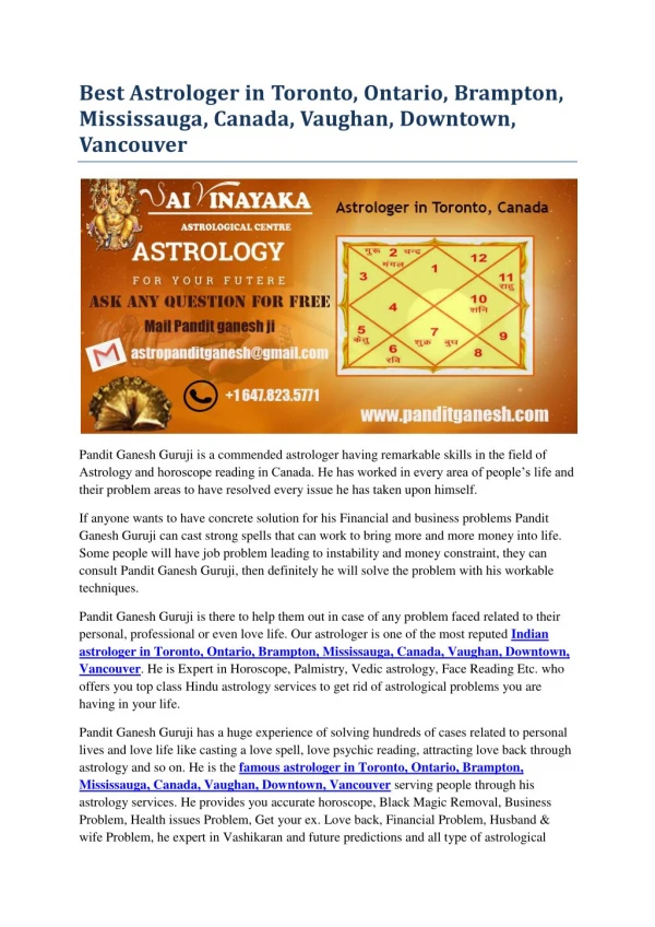 Best Astrologer in Toronto, Ontario, Brampton, Mississauga, Canada, Vaughan, Downtown, Vancouver