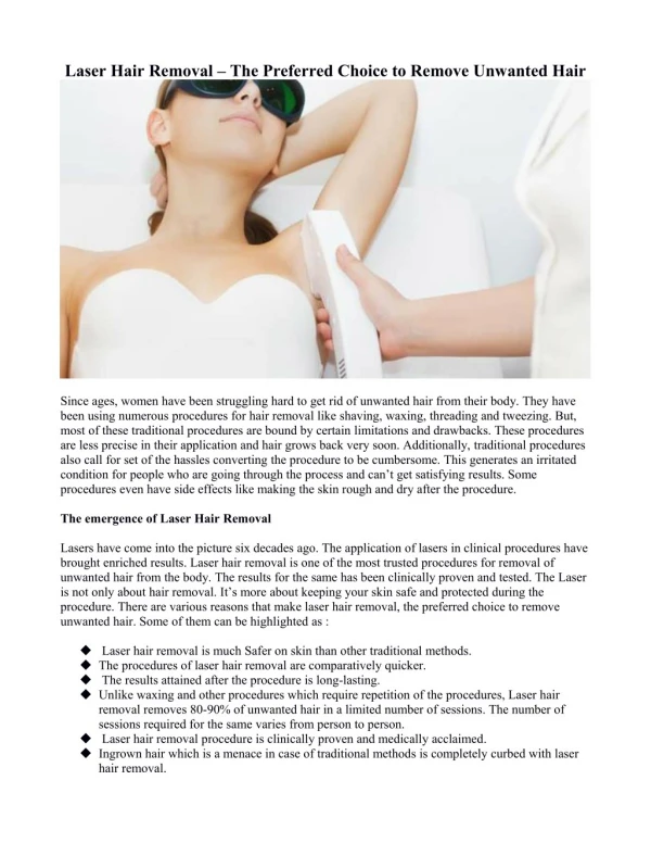 Laser Hair Removal â€“ The Preferred Choice to Remove Unwanted Hair