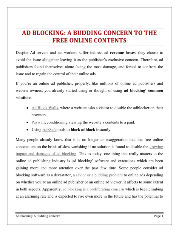 Ad Blocking: A Budding Concern to the Free Online Contents