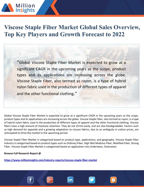 Viscose Staple Fiber Market Global Sales Overview, Top Key Players and Growth Forecast to 2022