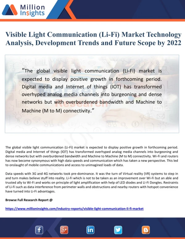 Visible Light Communication (Li-Fi) Market Technology Analysis, Development Trends and Future Scope by 2022