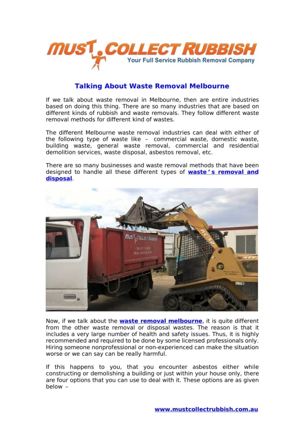 Talking About Waste Removal Melbourne Services By Must Collect Rubbish