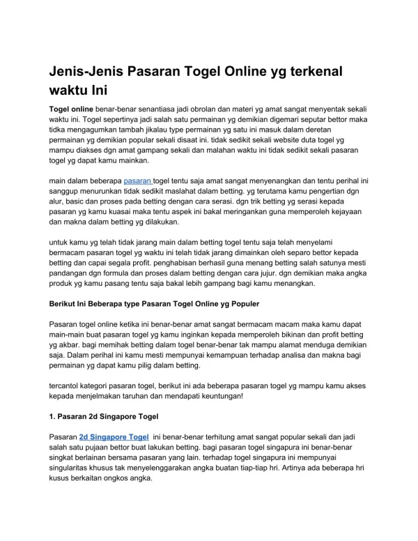 Jenis-Jenis Pasaran Togel Online yg terkenal waktu Ini