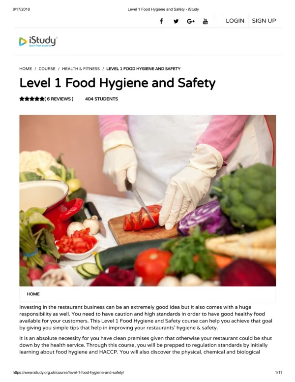 Level 1 Food Hygiene and Safety - istudy