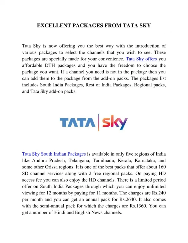 Tata Sky Packages | DTH New Connection - Tata Sky plans