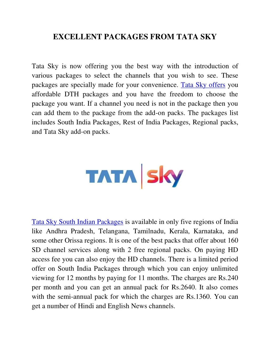 excellent packages from tata sky