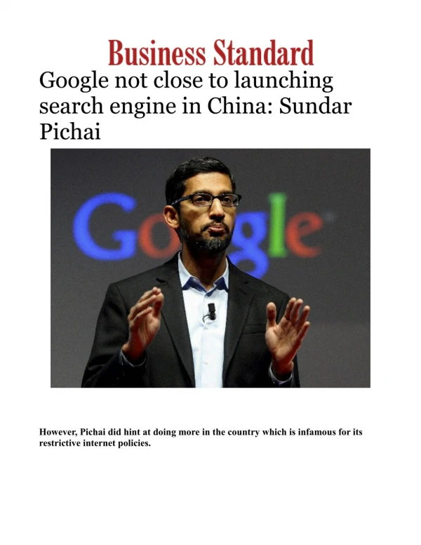Google CEO Sundar Pichai: Google not close to launch search engine in China 