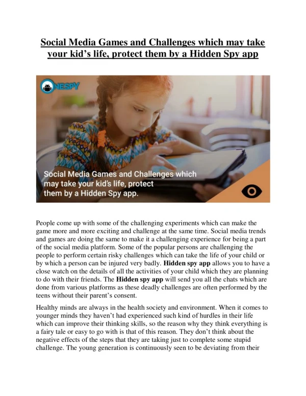 Social Media Games and Challenges which may take your kid’s life, protect them by a Hidden Spy app