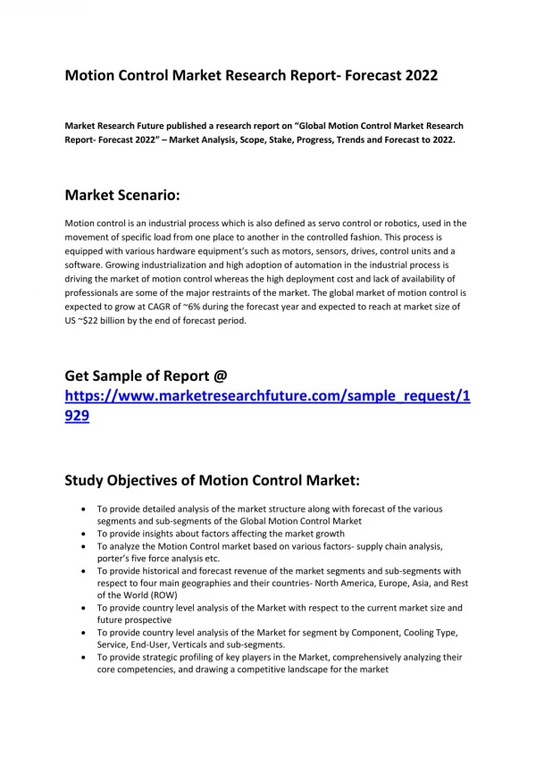 Motion Control Market Opportunities, Developments and Potential of Market from 2018-2022