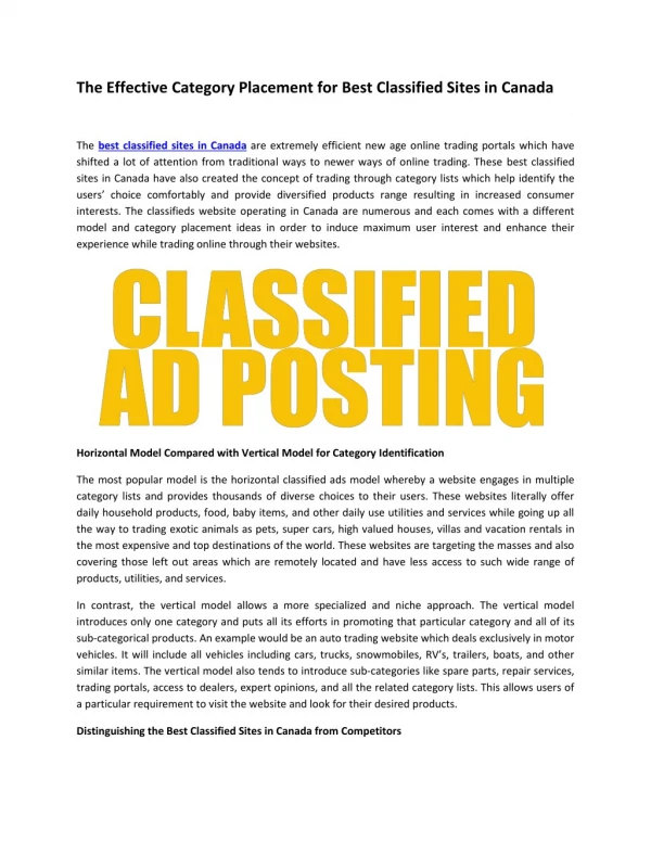 The Effective Category Placement for Best Classified Sites in Canada