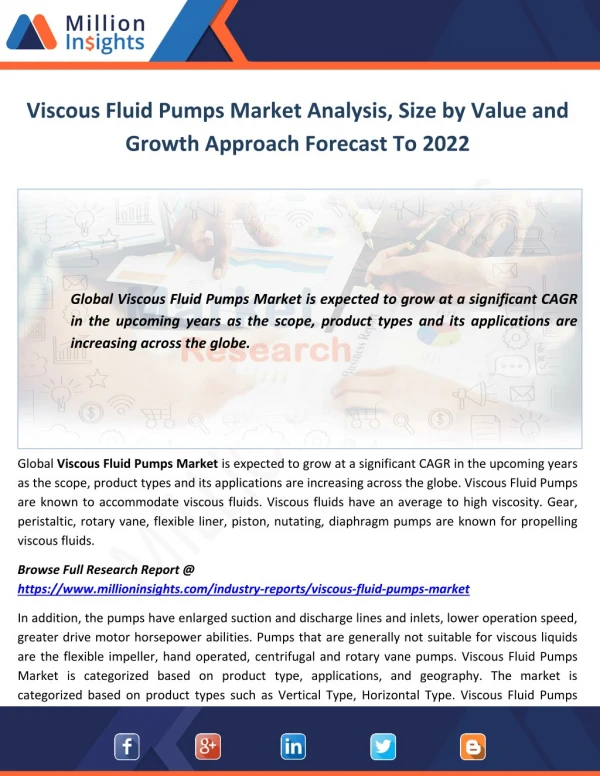 Viscous Fluid Pumps Market Analysis, Size by Value and Growth Approach Forecast To 2022