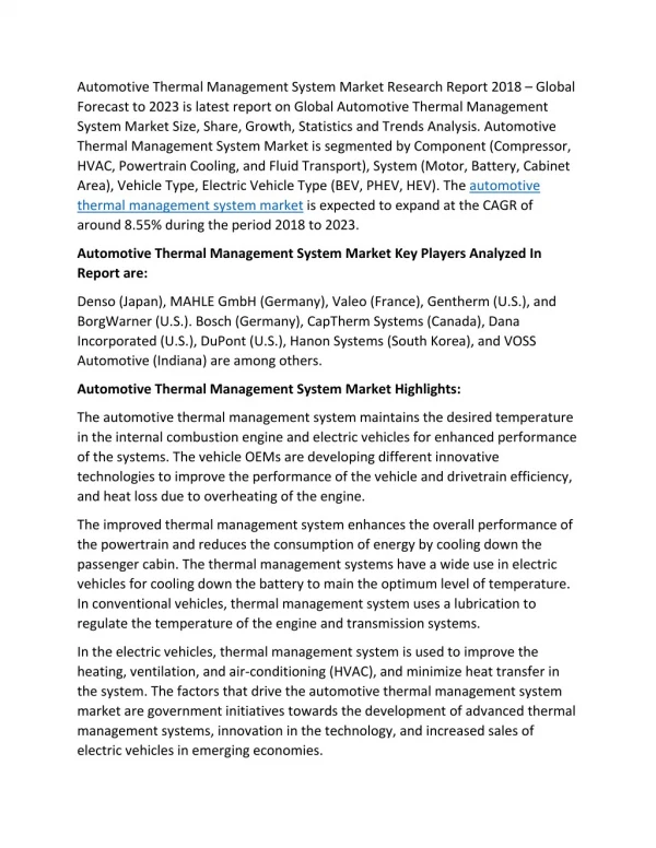 Automotive Thermal Management System Market 2018 To 2023 Analysis By Size, Share, Key Companies With Forecast Research R