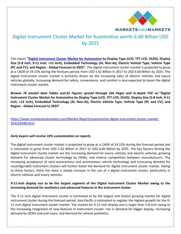 Digital Instrument Cluster Market for Automotive by Display Type (LCD, TFT-LCD, OLED), Display Size (5-8 inch, 9-11 inch